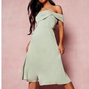 Petite drape detail Bardot midi dress in a sage color